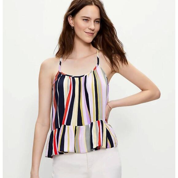 LOFT Peplum Tank Top Size L Striped Racerback Ruffle Hem Boho Beach Retro Summer - Picture 1 of 10